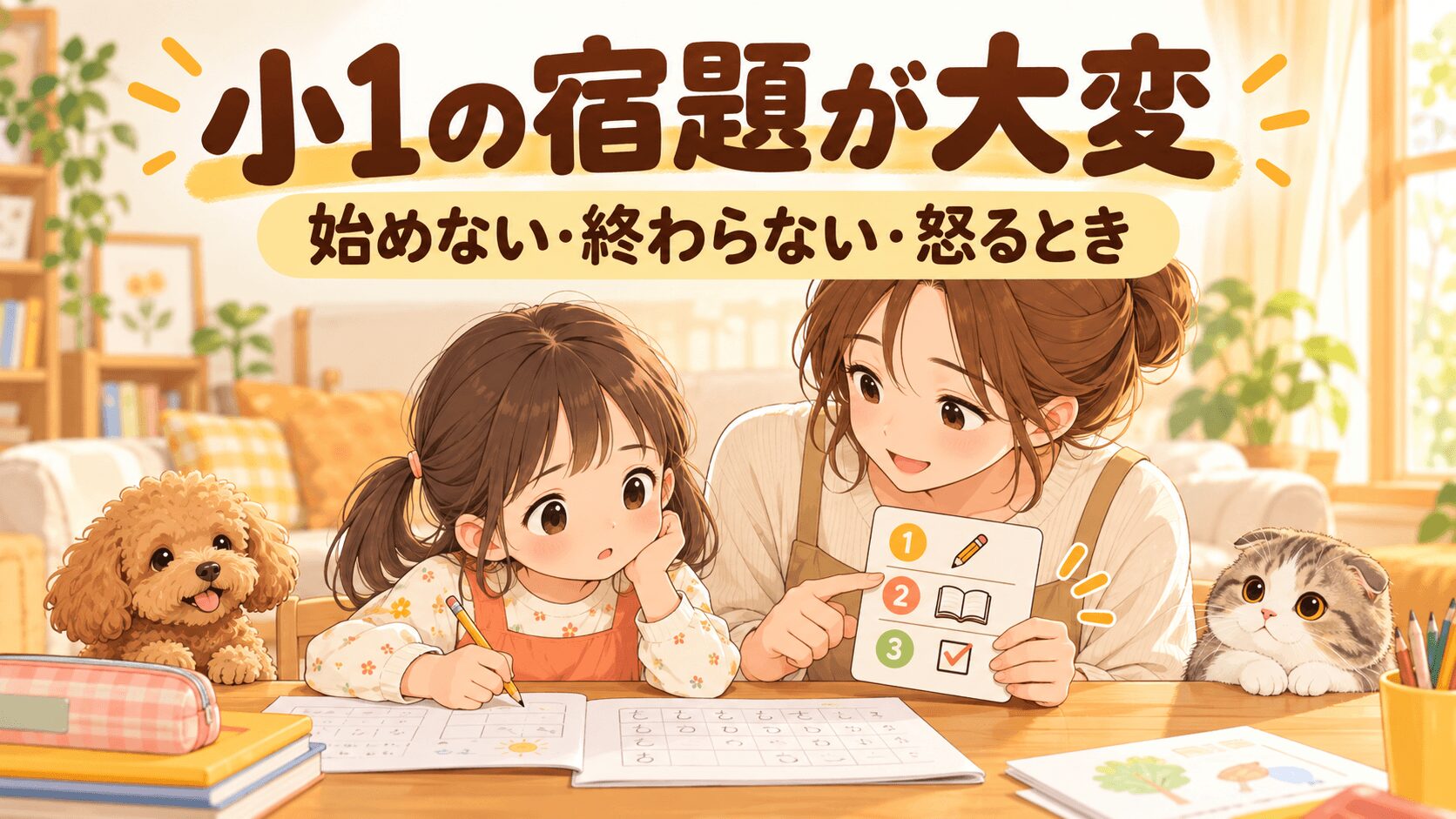 宿題を始めない・終わらない・怒る小学1年生に保護者が寄り添うイラスト