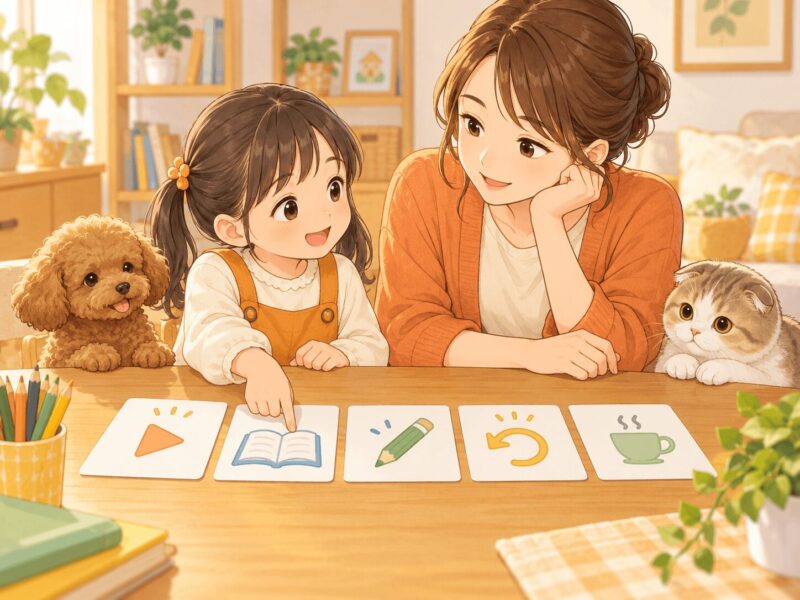 小学1年生が宿題のどの場面で困っているかを保護者とカードで確認するイラスト