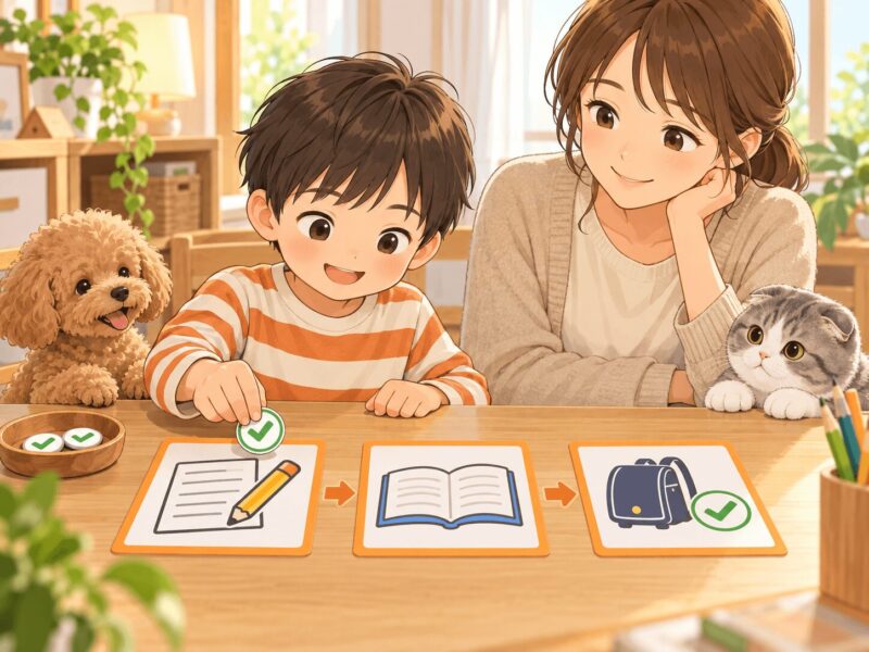 小学1年生が宿題の順番と終わりを視覚支援カードで確認するイラスト