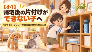 帰宅後にランドセルやプリント、水筒を片付ける小学1年生を保護者が見守るイラスト