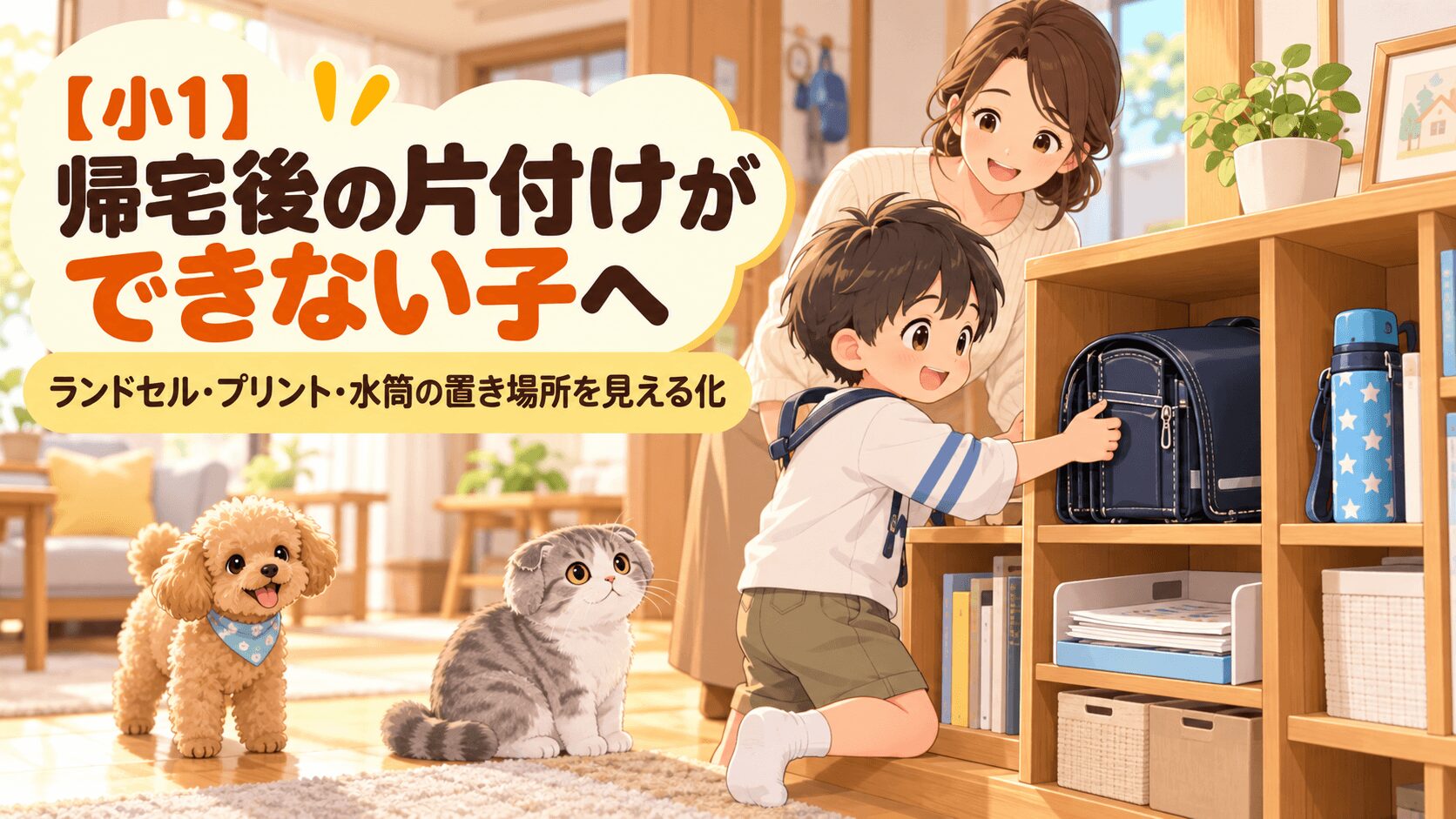 帰宅後にランドセルやプリント、水筒を片付ける小学1年生を保護者が見守るイラスト