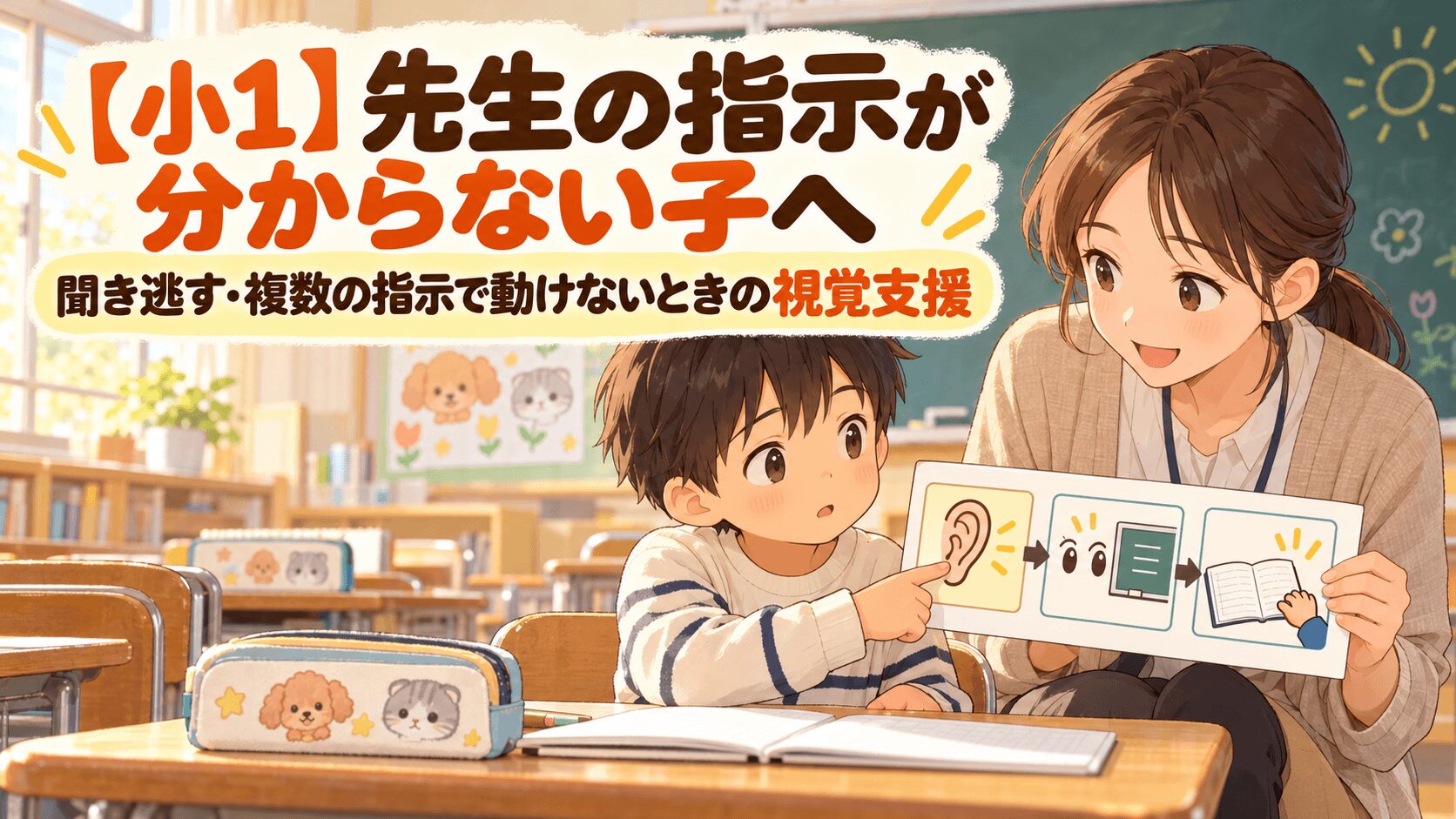 先生の複数の指示が分からない小学1年生へ視覚支援カードを見せるイラスト