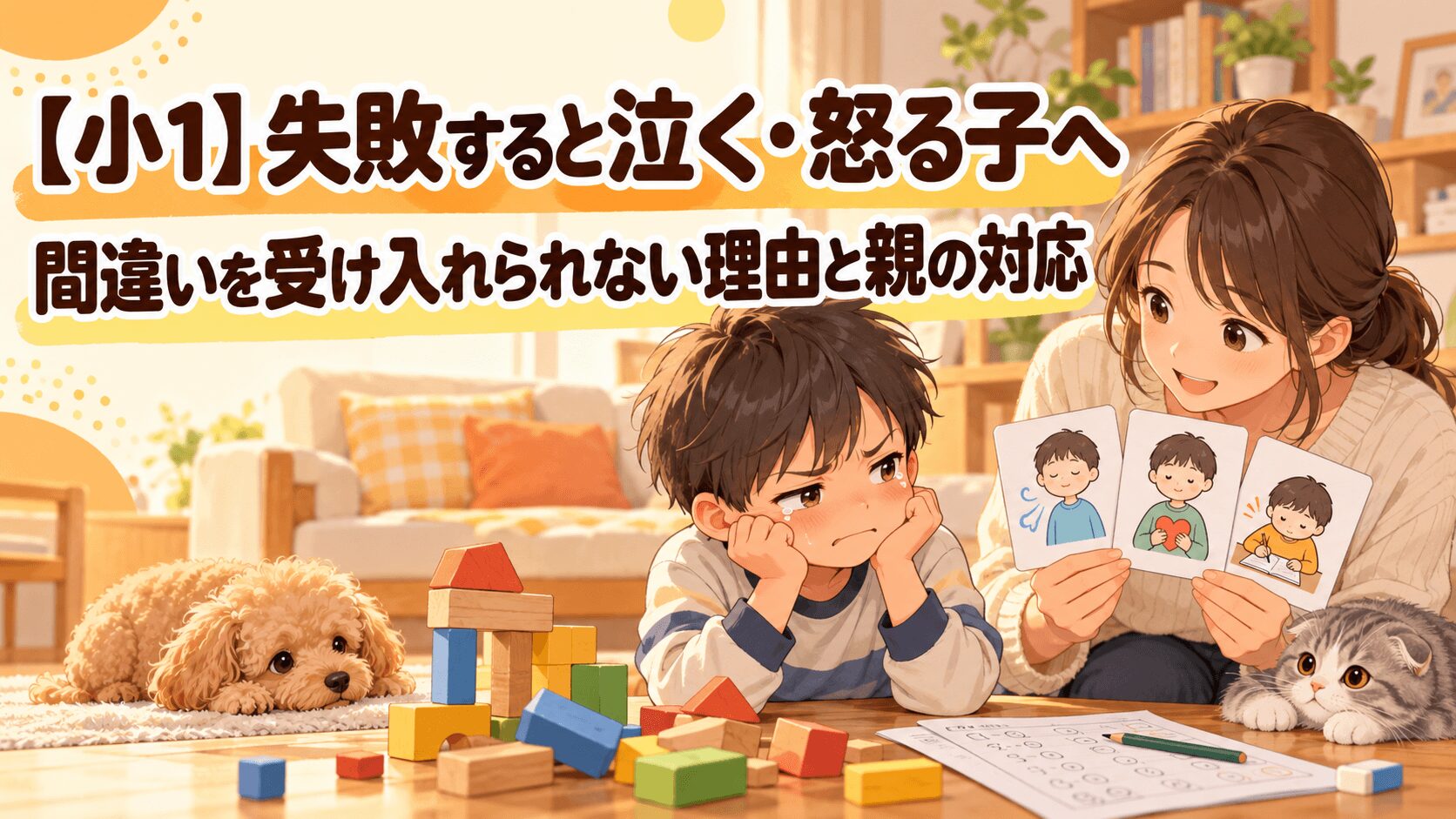 失敗して悔しがる小学1年生に保護者が次の方法を選べるよう寄り添うイラスト