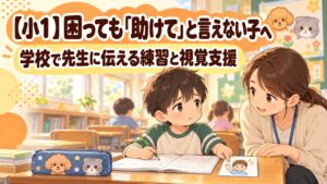 学校で困っても助けてと言えない小学1年生に先生が伝え方を選べるよう寄り添うイラスト