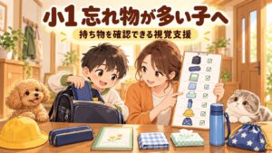 持ち物チェック表を見ながらランドセルの準備をする小学1年生と保護者のイラスト