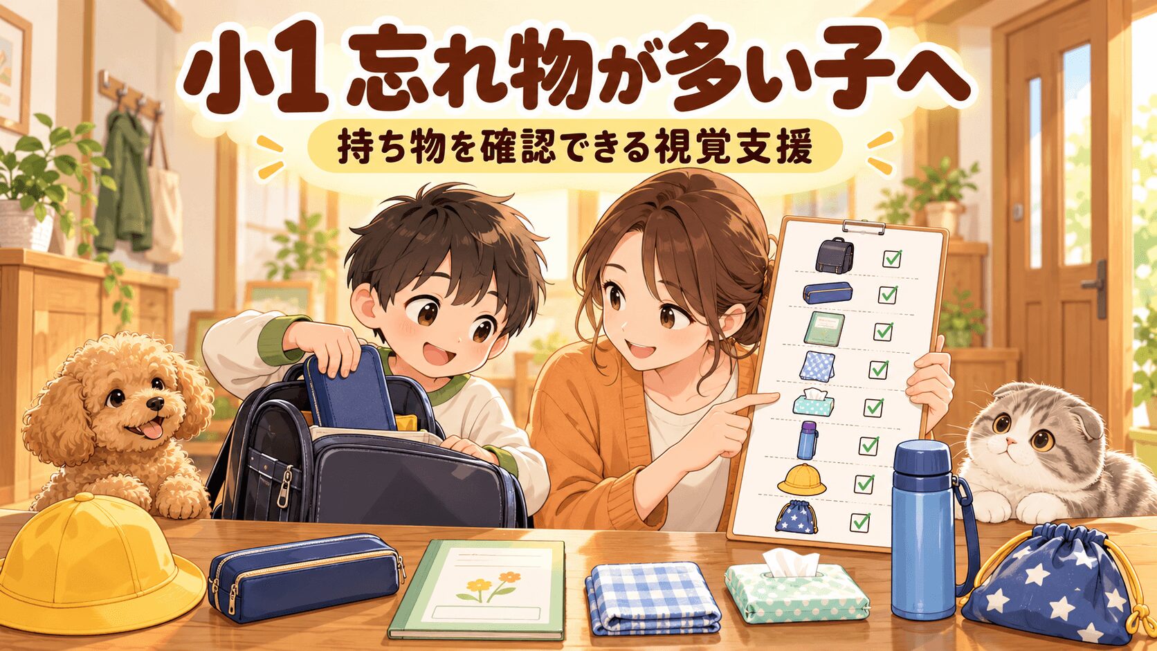 持ち物チェック表を見ながらランドセルの準備をする小学1年生と保護者のイラスト
