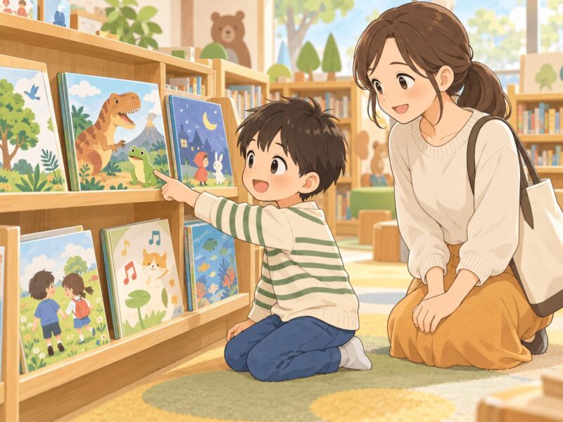 小学1年生が図書館で恐竜や生き物など興味のある本を選ぶイラスト