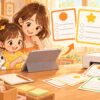 宿題の順番を視覚支援カードで確認する小学1年生と保護者のイラスト