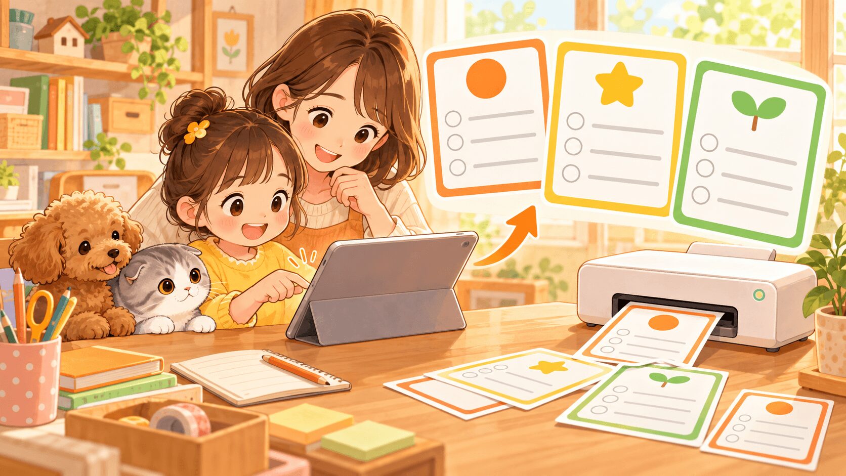 宿題の順番を視覚支援カードで確認する小学1年生と保護者のイラスト