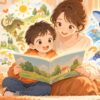 小学1年生が国語の教科書で紹介された絵本や読み物を保護者と楽しむイラスト