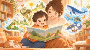 小学1年生が国語の教科書で紹介された絵本や読み物を保護者と楽しむイラスト