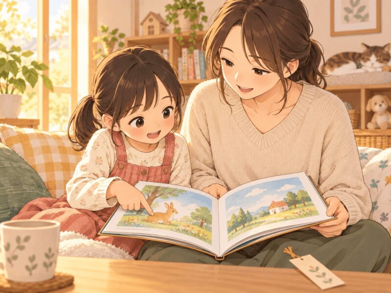 小学1年生が一人読みを急がず保護者と交代しながら絵本を楽しむイラスト