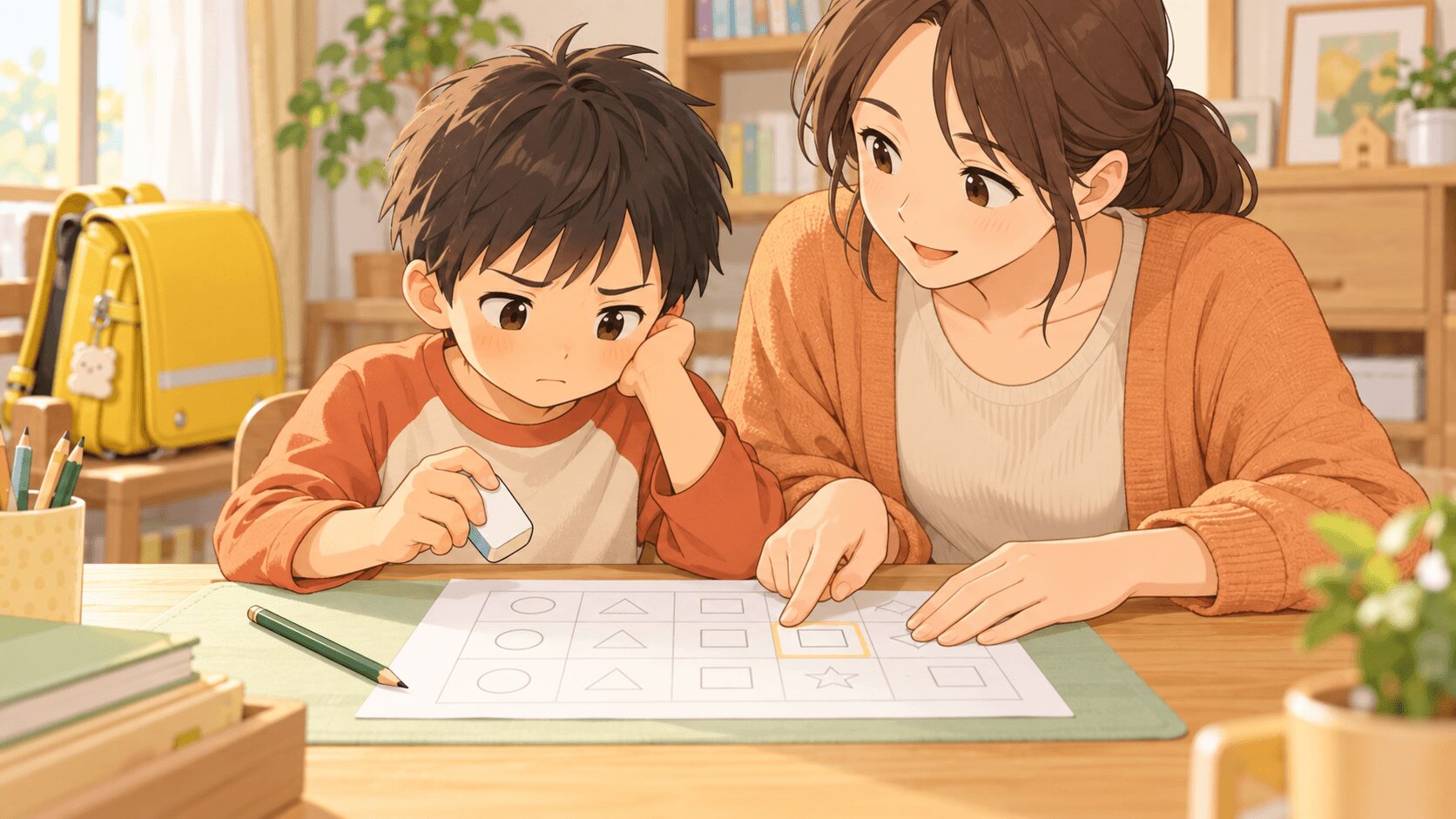 消しゴムでの書き直しを嫌がる小学1年生に保護者が消す範囲を示すイラスト
