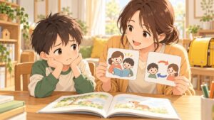 音読の宿題を嫌がる小学1年生に保護者が読み方を選べるよう寄り添うイラスト