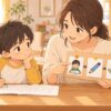 宿題を始められない小学1年生に保護者が視覚支援カードで手順を示すイラスト