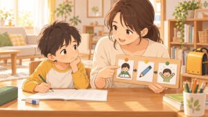 宿題を始められない小学1年生に保護者が視覚支援カードで手順を示すイラスト