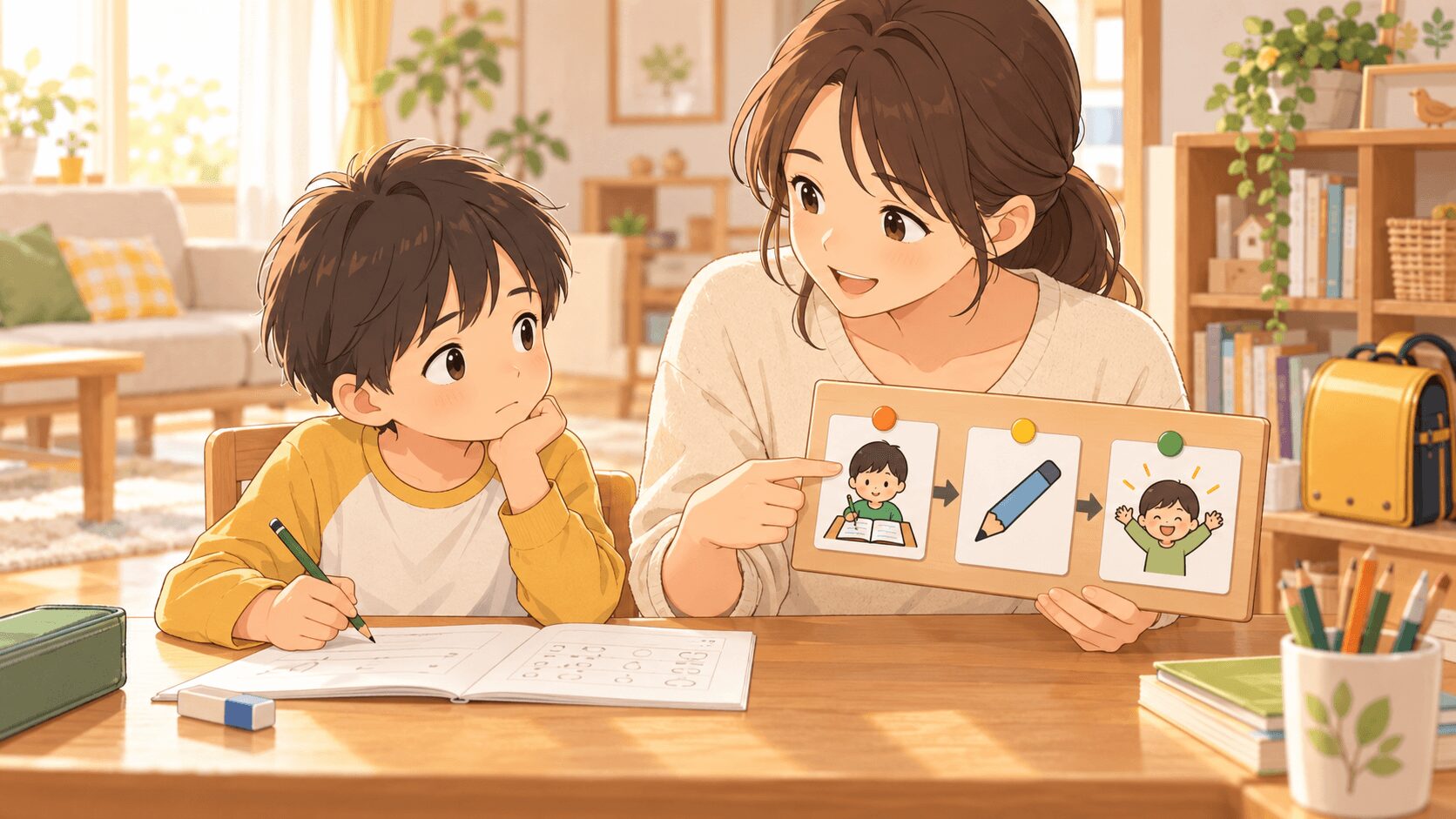 宿題を始められない小学1年生に保護者が視覚支援カードで手順を示すイラスト