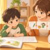 宿題に時間がかかる小学1年生へ保護者が課題を小さく分けて示すイラスト