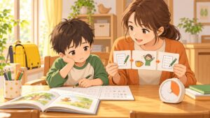 宿題に時間がかかる小学1年生へ保護者が課題を小さく分けて示すイラスト