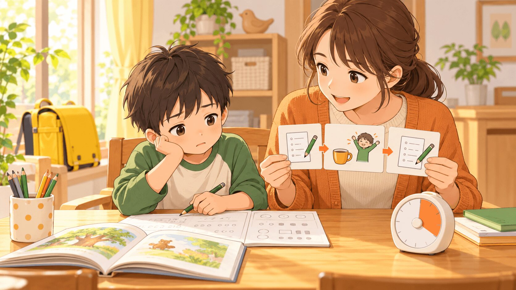 宿題に時間がかかる小学1年生へ保護者が課題を小さく分けて示すイラスト