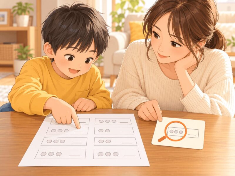 宿題に×を付けず別のカードで一緒に見る問題を確認する親子のイラスト