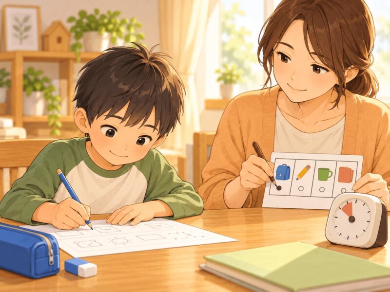 小学1年生の宿題で開始時間や休憩を保護者が記録するイラスト