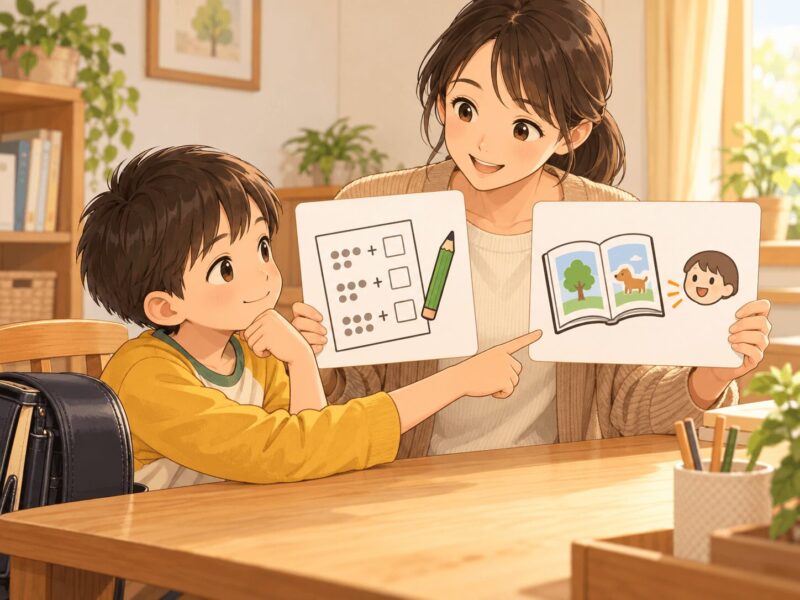 算数と音読の二つから先にする宿題を選ぶ小学1年生のイラスト