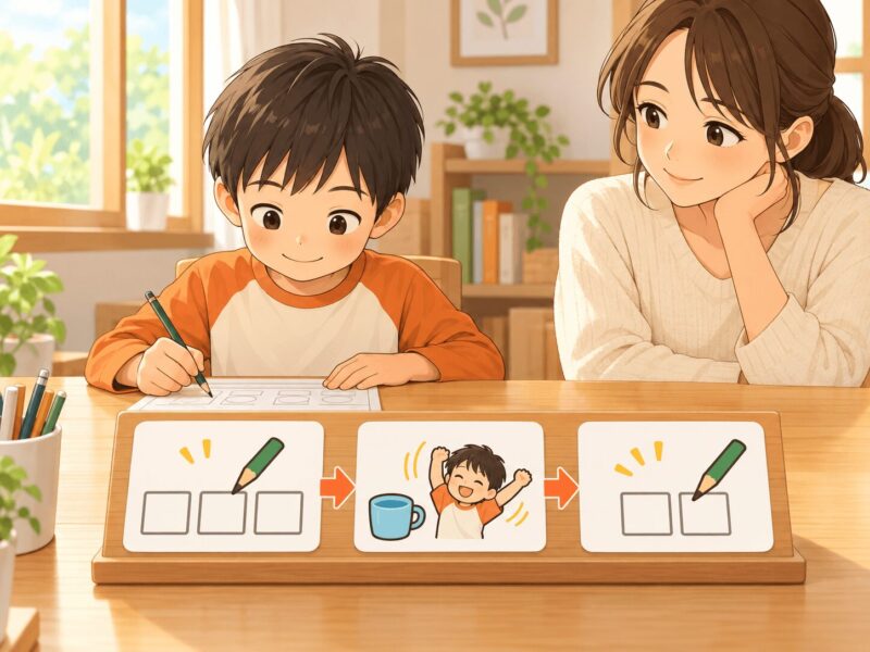 宿題を短い課題と休憩に分けた視覚支援カードを見る小学1年生のイラスト