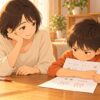 宿題の丸つけで×を嫌がる小学1年生を保護者が落ち着いて見守るイラスト