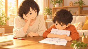 宿題の丸つけで×を嫌がる小学1年生を保護者が落ち着いて見守るイラスト