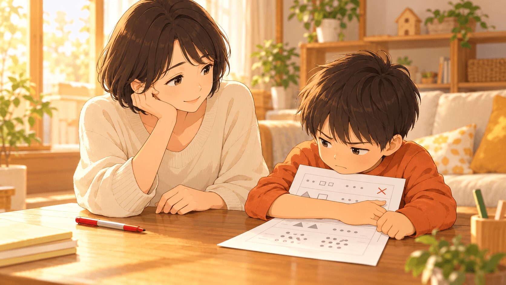 宿題の丸つけで×を嫌がる小学1年生を保護者が落ち着いて見守るイラスト