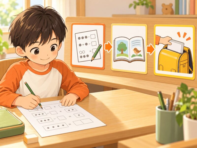 まず・つぎ・おわりの視覚支援で宿題の順番を確認する小学1年生のイラスト