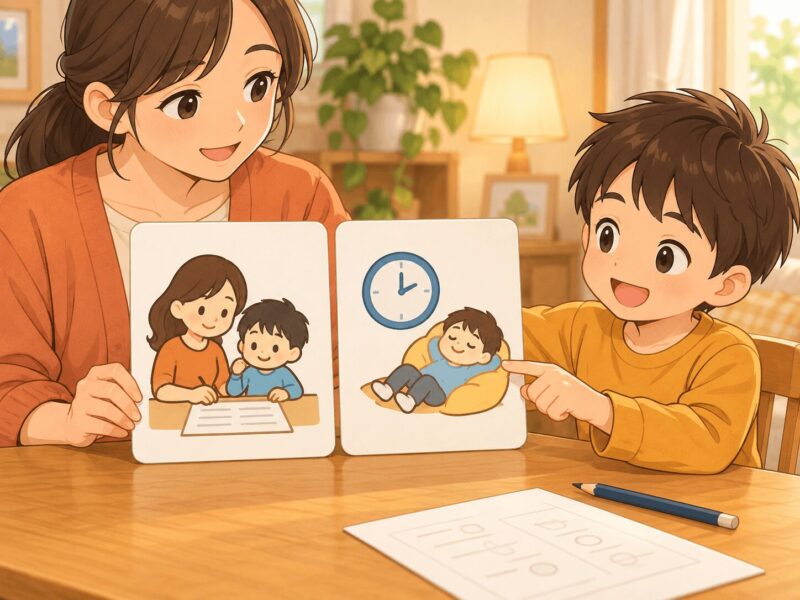 宿題を今一緒に見るか休んでから見るか二つの絵カードから選ぶ子どものイラスト