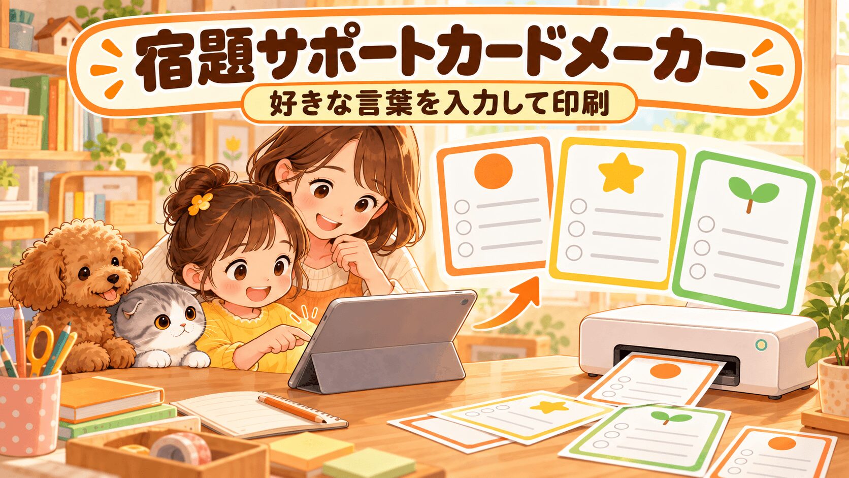 好きな言葉を入力して宿題サポートカードを作り印刷する親子のイラスト