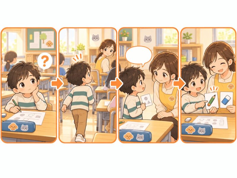 困ったことに気づき、大人を探して伝え、一緒に次の方法を決める流れの視覚支援イラスト