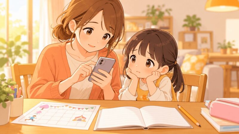 学校行事の不安について担任の先生に相談する保護者のイラスト