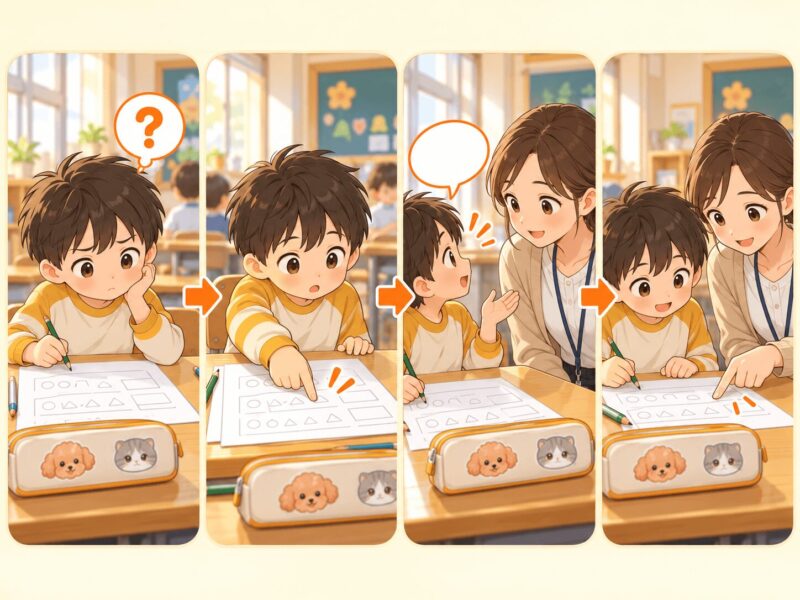 問題が分からず手を止め、分からない場所を指差して先生へ伝え、一緒に確認する流れのイラスト