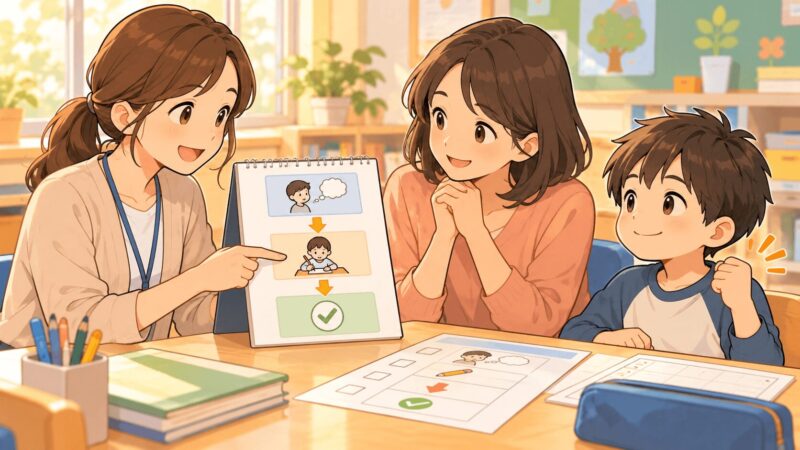 WISCのFRI結果をもとに学校で支援方法を相談しているイラスト