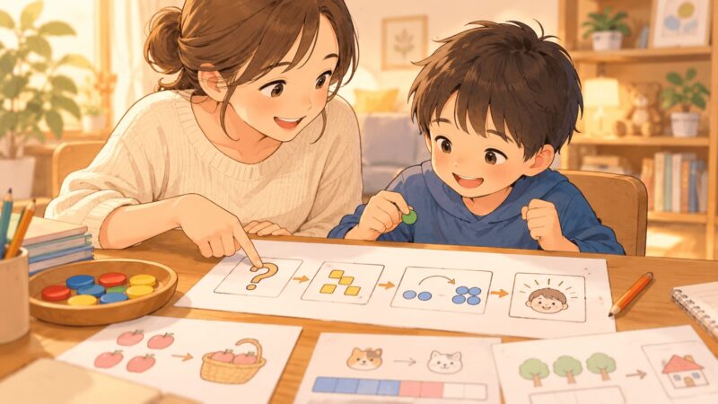 算数や推理が苦手な子に家庭で手順を見える化して支援するイラスト