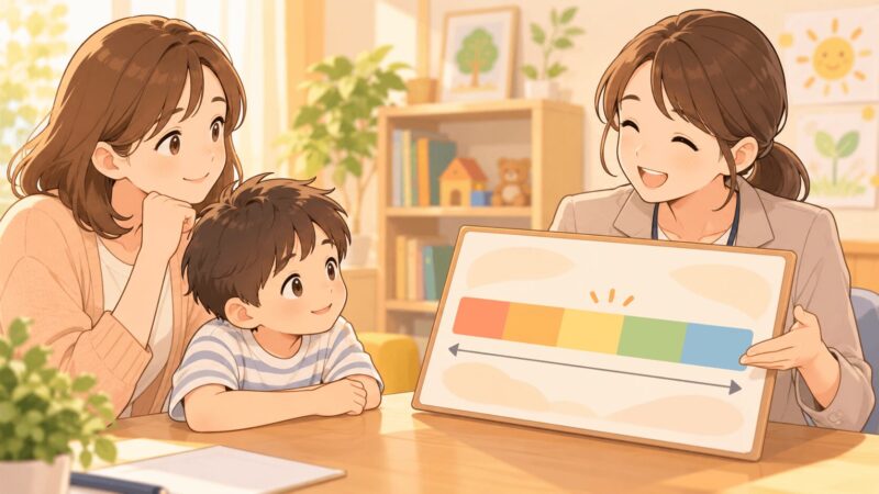 WISCのFSIQ全検査IQの平均や数値の見方を親子に説明しているイラスト