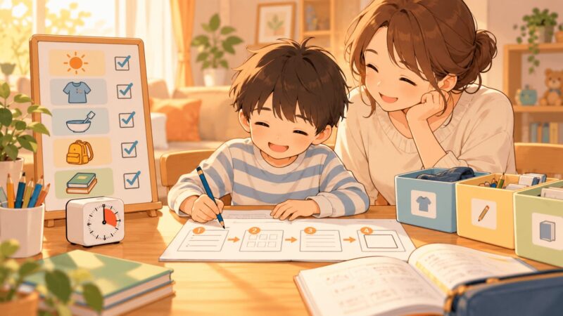 板書が間に合わない子に先生がプリントで支援しているイラスト