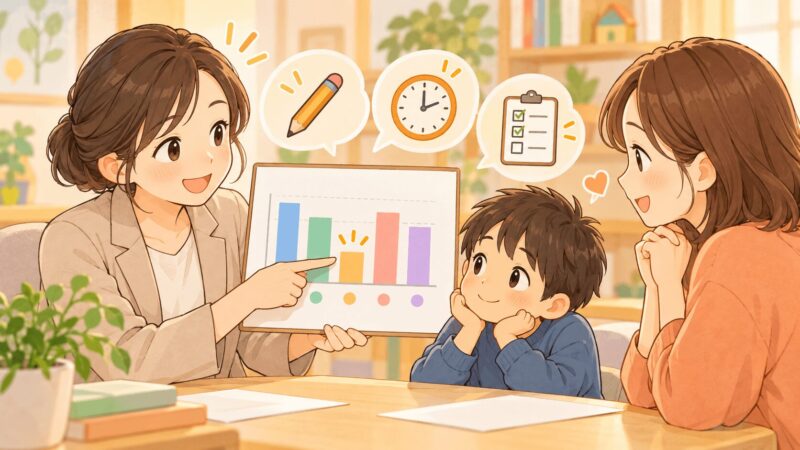 WISCのPSI処理速度の結果を親子が専門家から説明されているイラスト