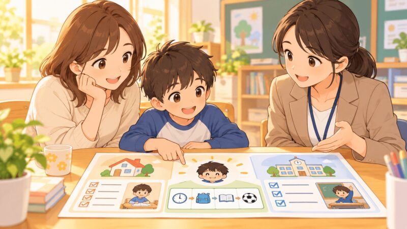 WISC検査の結果を家庭と学校の支援に活かす相談をしているイラスト