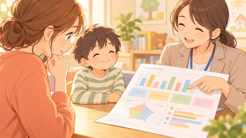 WISC検査の結果表を見ながら専門家が親子に説明しているイラスト