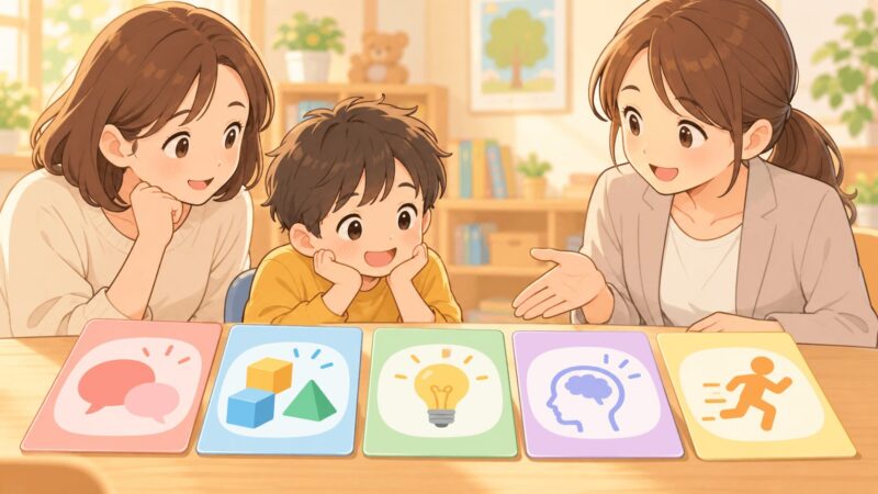 WISC検査の5つの指標をカードで親子に説明しているイラスト