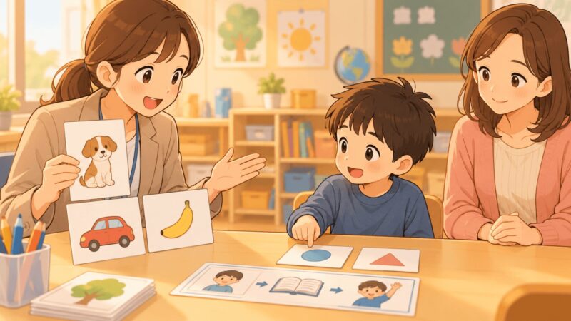 言葉の理解が苦手な子に学校で絵カードや選択肢を使って支援しているイラスト