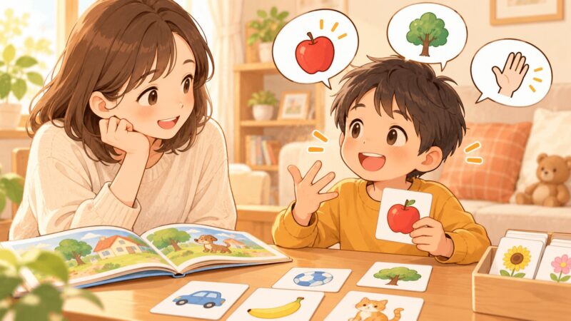 庭でのサポート の下	言語理解を育てるために家庭で絵本や3ヒントゲームをしているイラスト