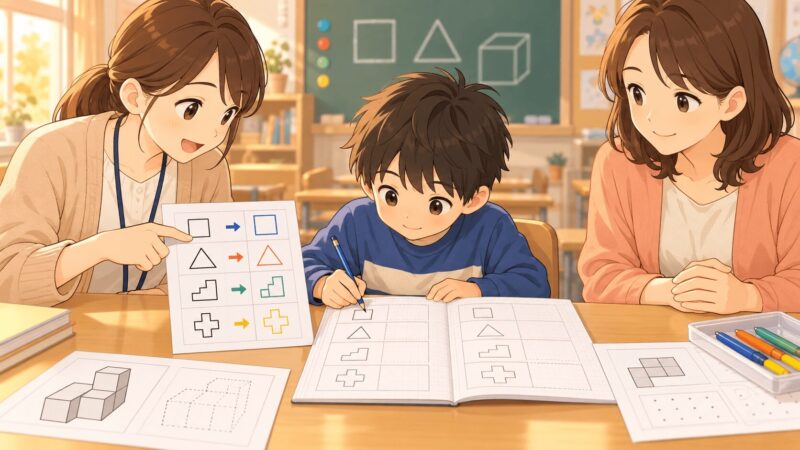 視空間が苦手な子に学校で図形や板書を分かりやすく支援しているイラスト