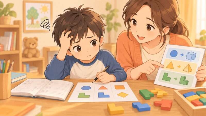 WISCのVSIが低い子が図形やノートの位置関係で困っているイラスト