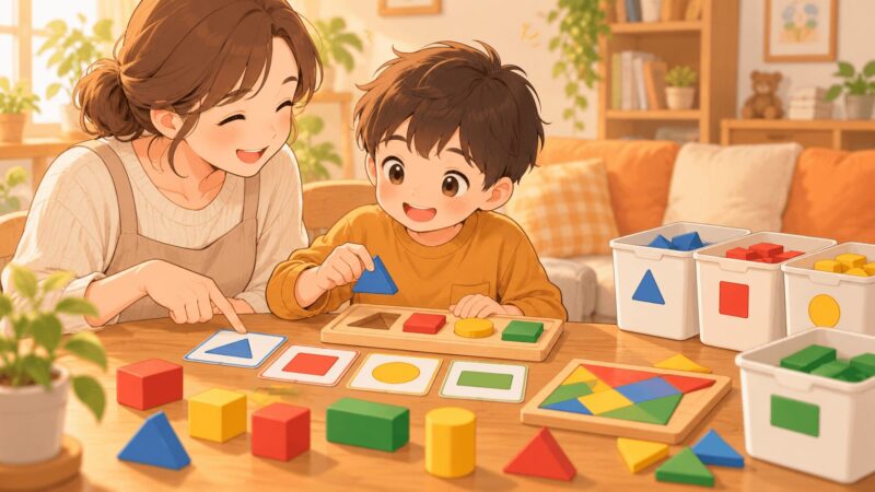 視空間が苦手な子に家庭でブロックや色分けカードを使って支援しているイラスト